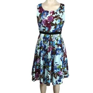 Frock Shop Floral Fit and Flare Dress Blue Pink Roses Black Ribbon Waist Medium